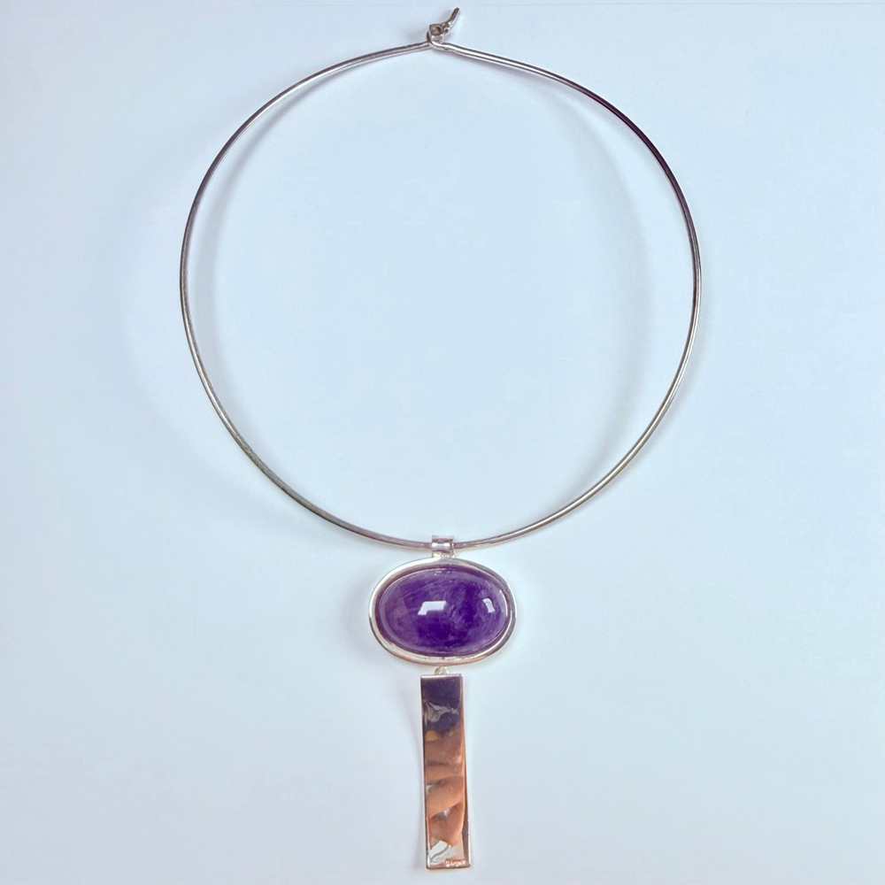 Modernist Scandinavian Amethyst Amulet Jensen Sterling Silver Torque Necklace